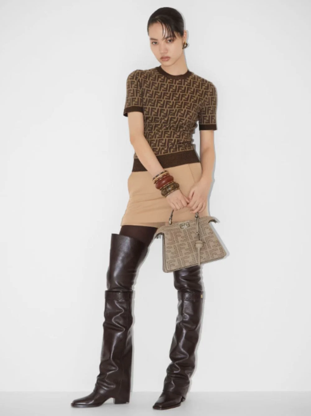 Brown FF Jacquard Cotton Short Sleeve Jumper - Image 2