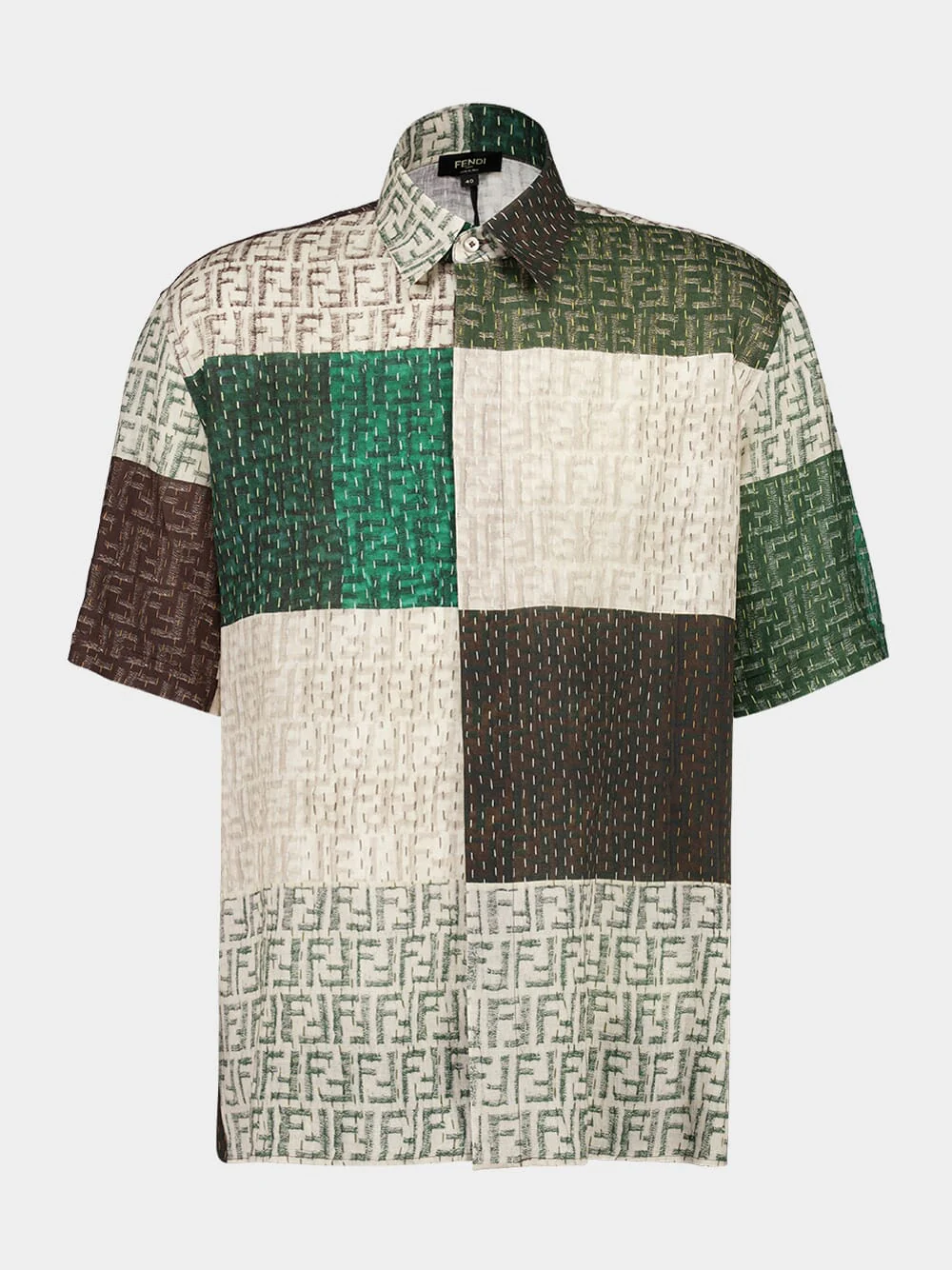 Green and Brown FF Linen Patchwork Shirt - Image 5