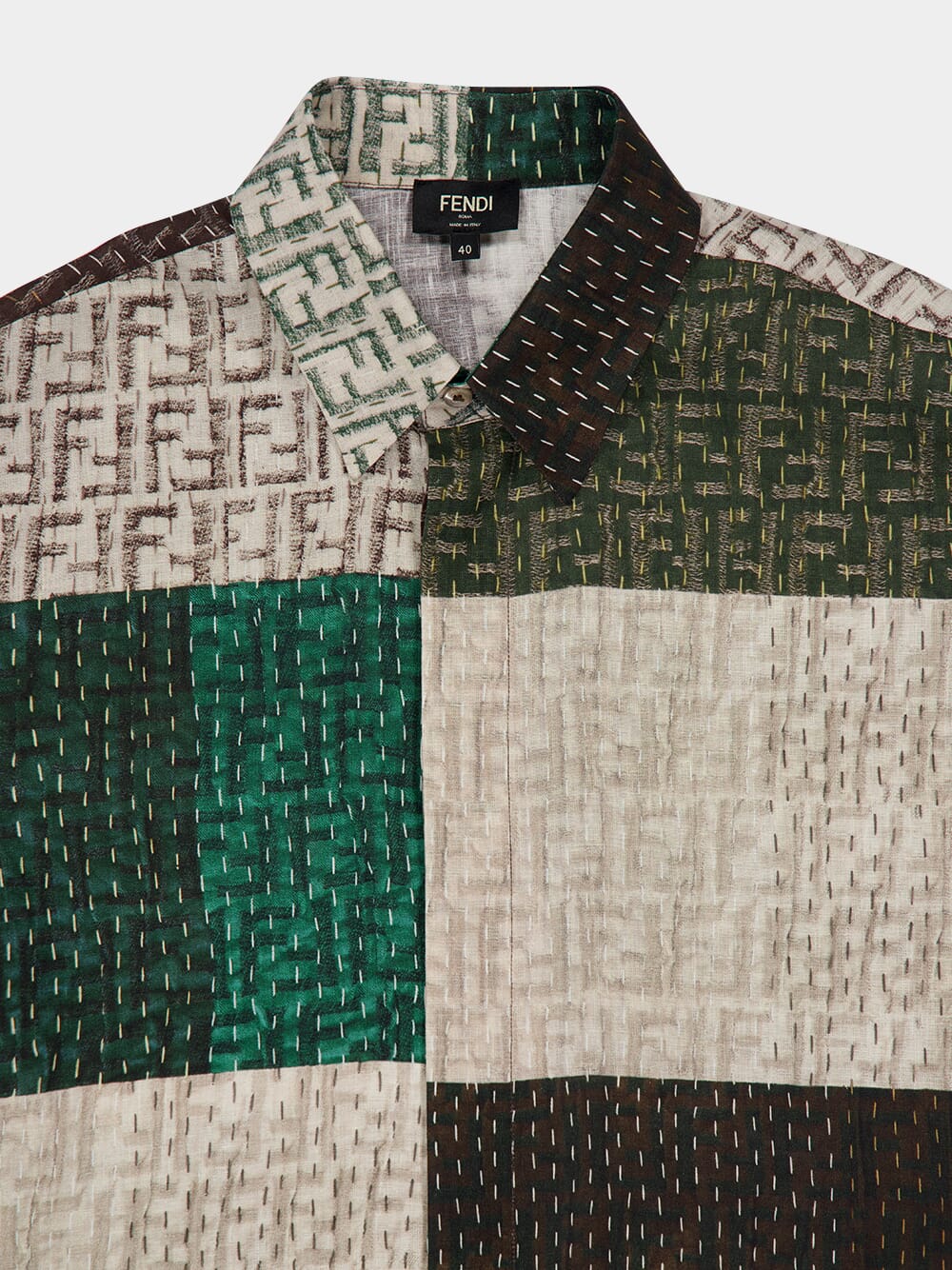 Green and Brown FF Linen Patchwork Shirt - Image 7