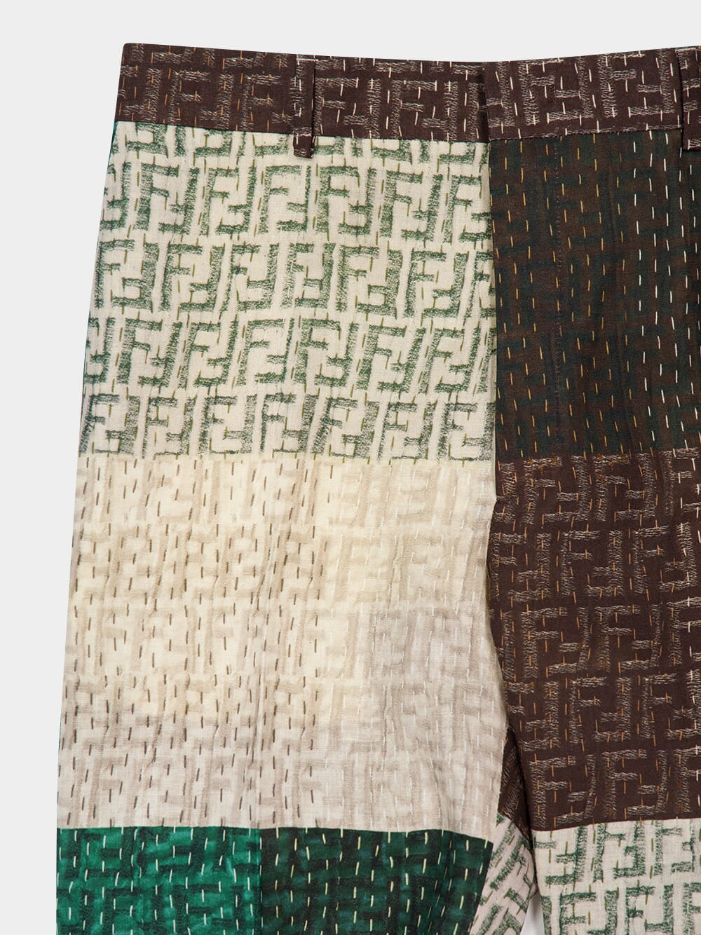Green and Brown Patchwork Linen Bermuda Shorts - Image 7