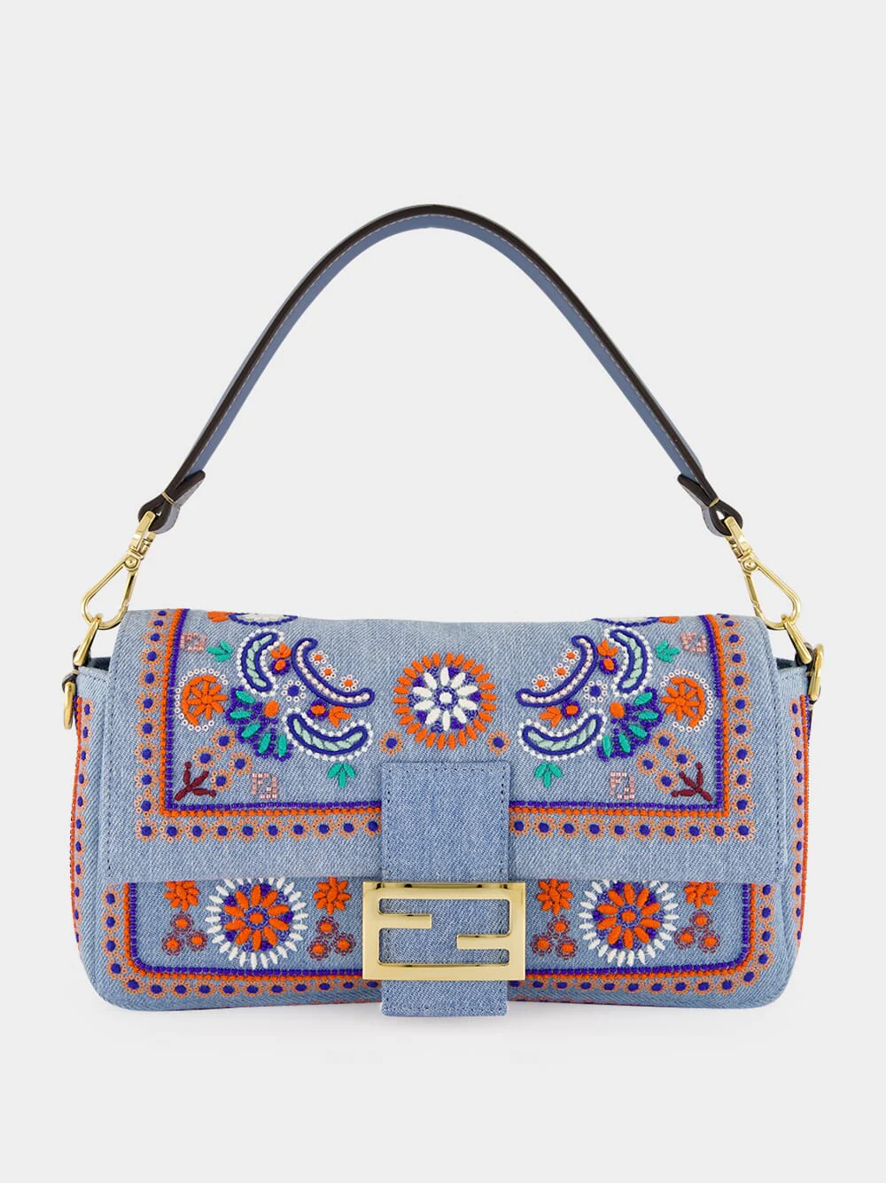 Light Blue Embroidered Baguette Bag