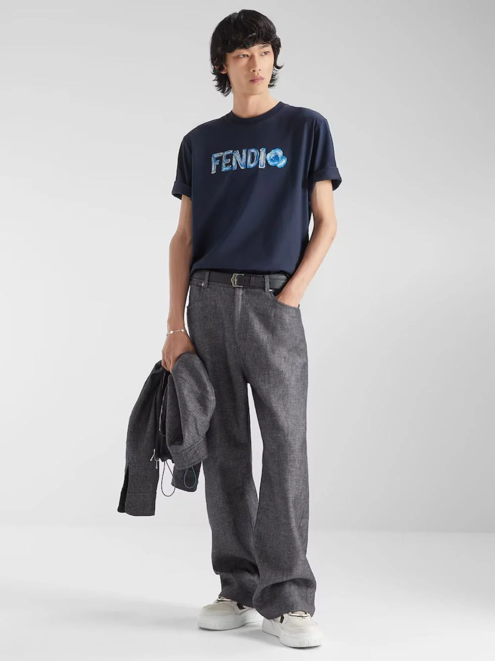 Navy Blue Cotton Flowers T-Shirt