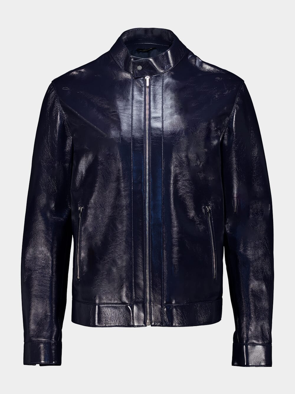 Shiny Blue Leather Biker Blouson Jacket