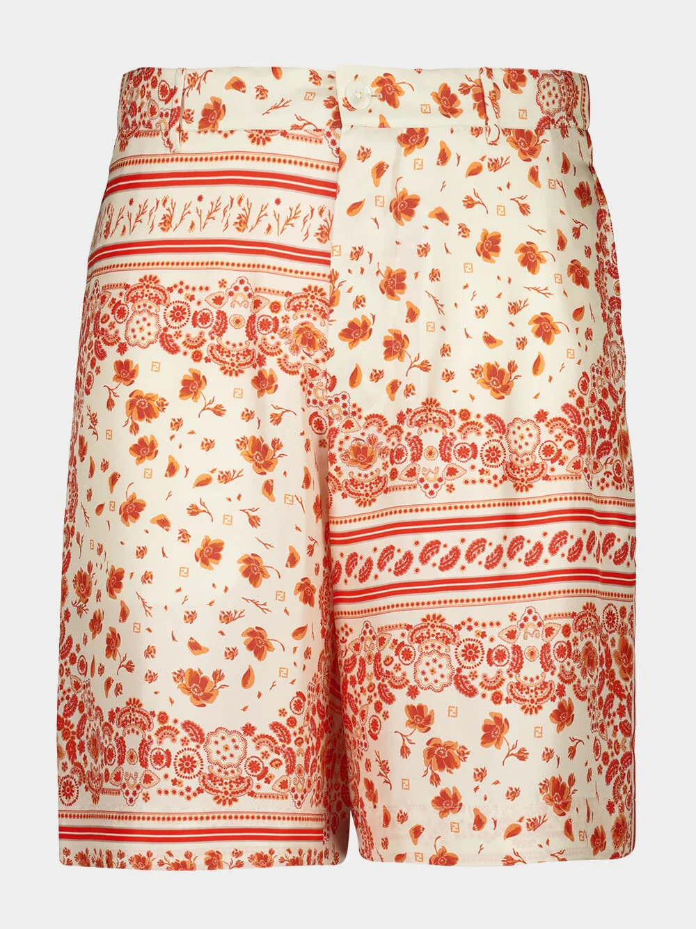 White and Coral Bandana Silk Bermuda Shorts