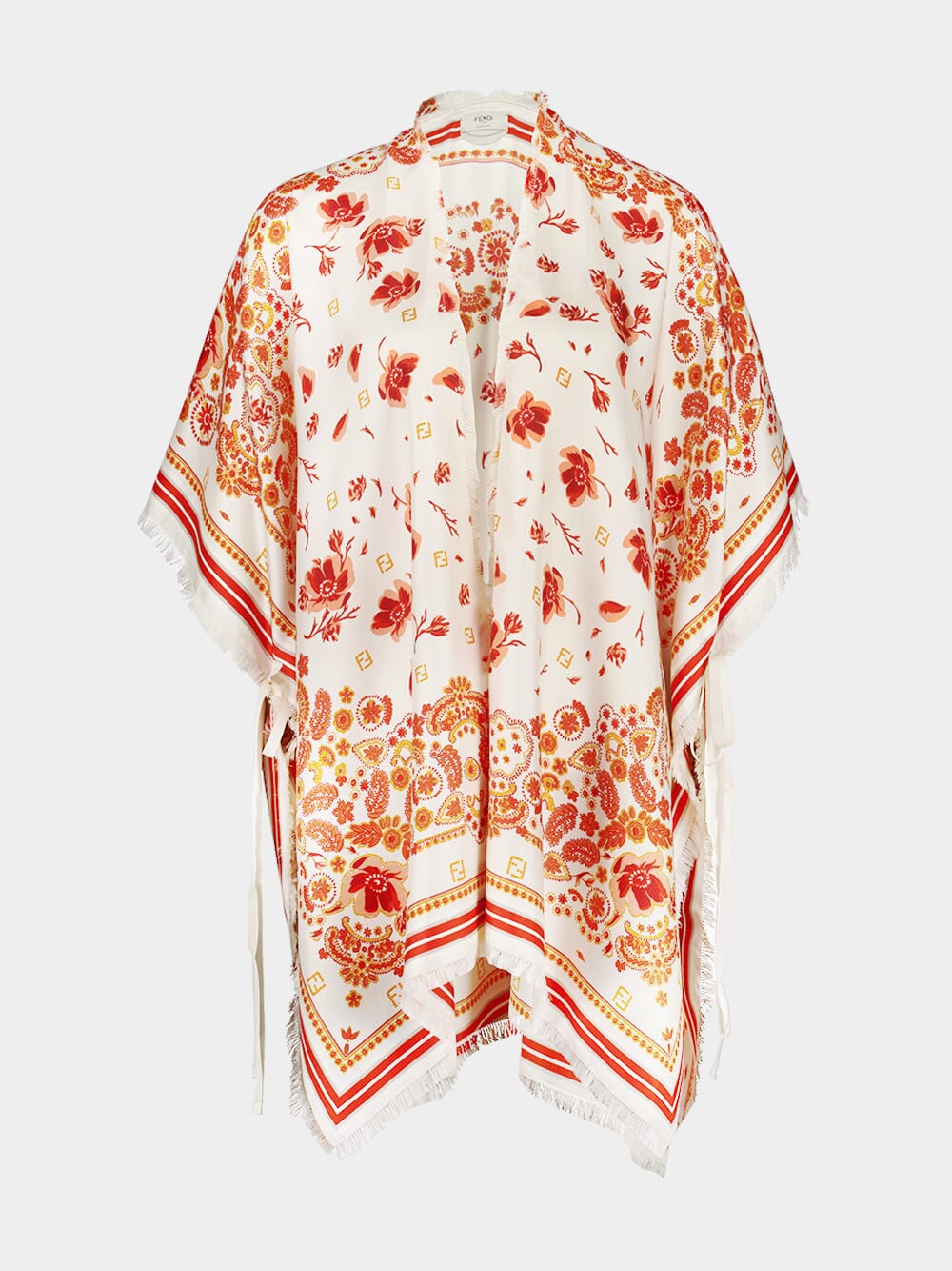 White and Red Silk Bandana Print Poncho