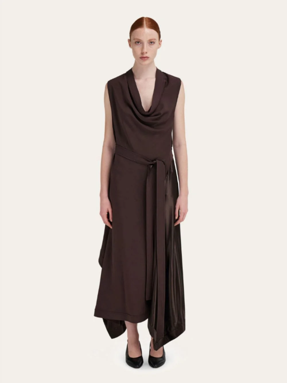 Asymmetric Cowl-Neck Midi Dress