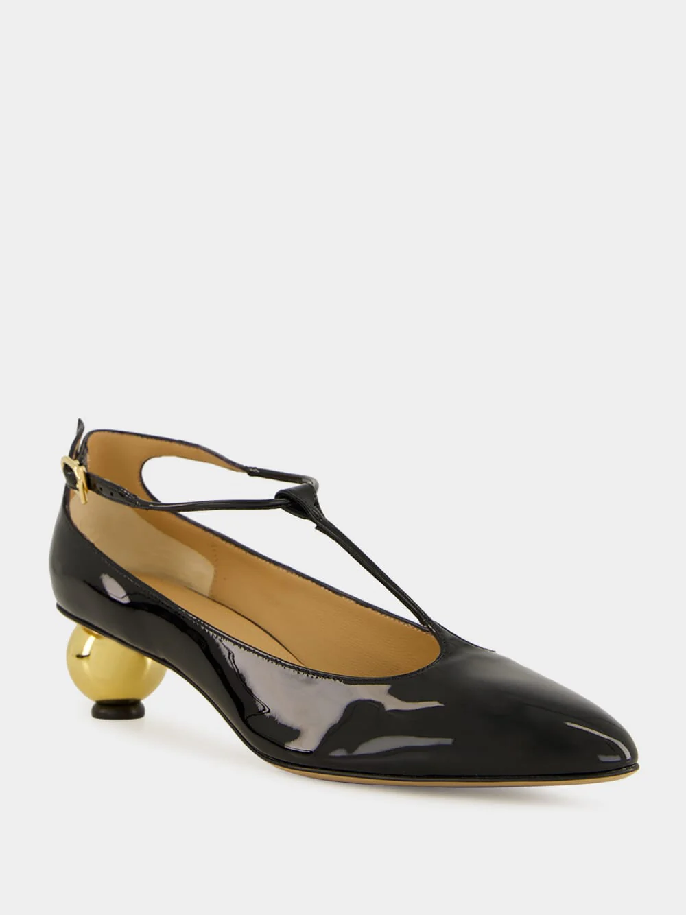 Black T-Strap Pumps with Gold Heel - Image 3