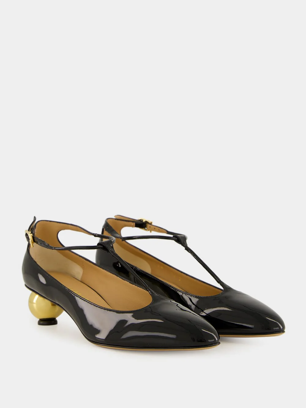 Black T-Strap Pumps with Gold Heel - Image 4