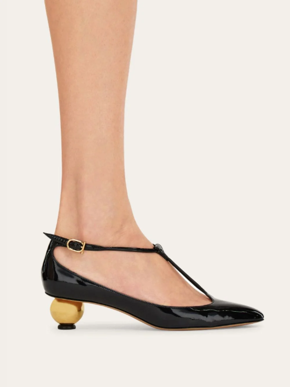 Black T-Strap Pumps with Gold Heel - Image 9