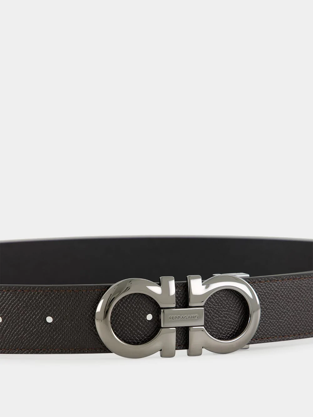 Dark Brown and Black 	Brown Reversible Gancini Leather Belt - Image 3