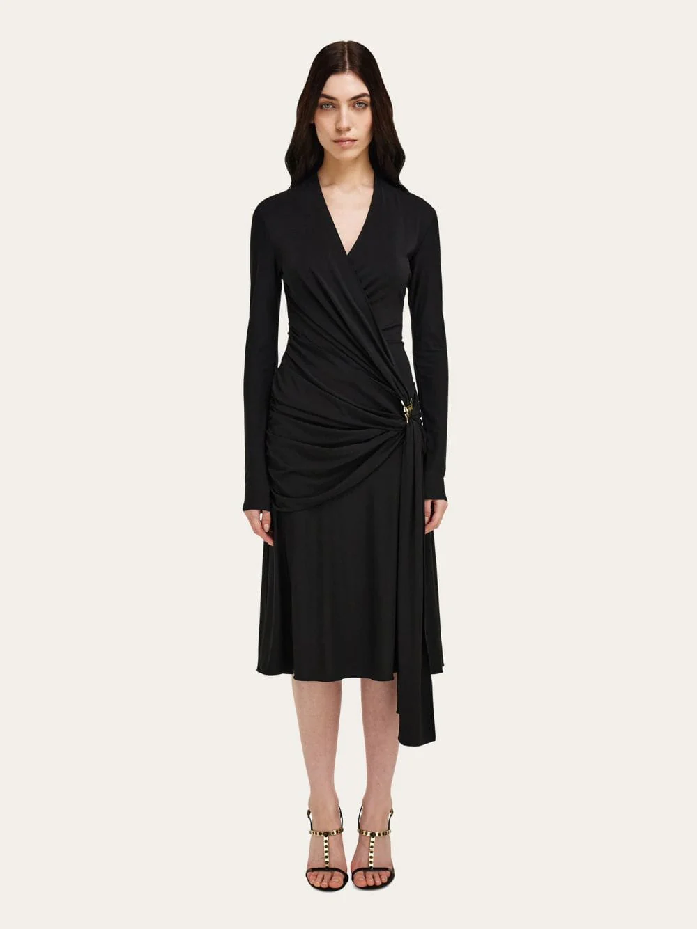 Black Gathered Waist Viscose Midi Dress - Image 2