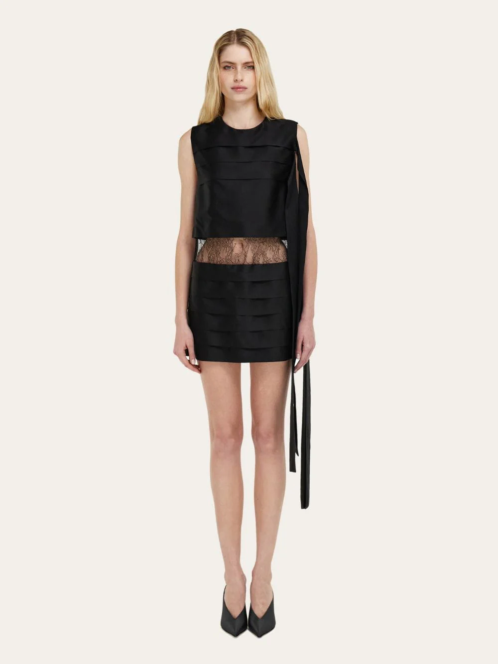 Black Silk Mini Dress with Lace Detail