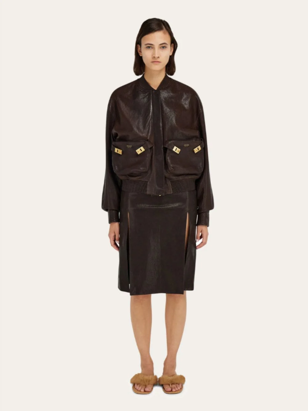Espresso Leather Midi Skirt - Image 2