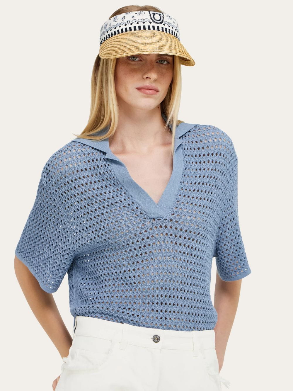 Sky Blue Arabesque Print Straw Visor - Image 2
