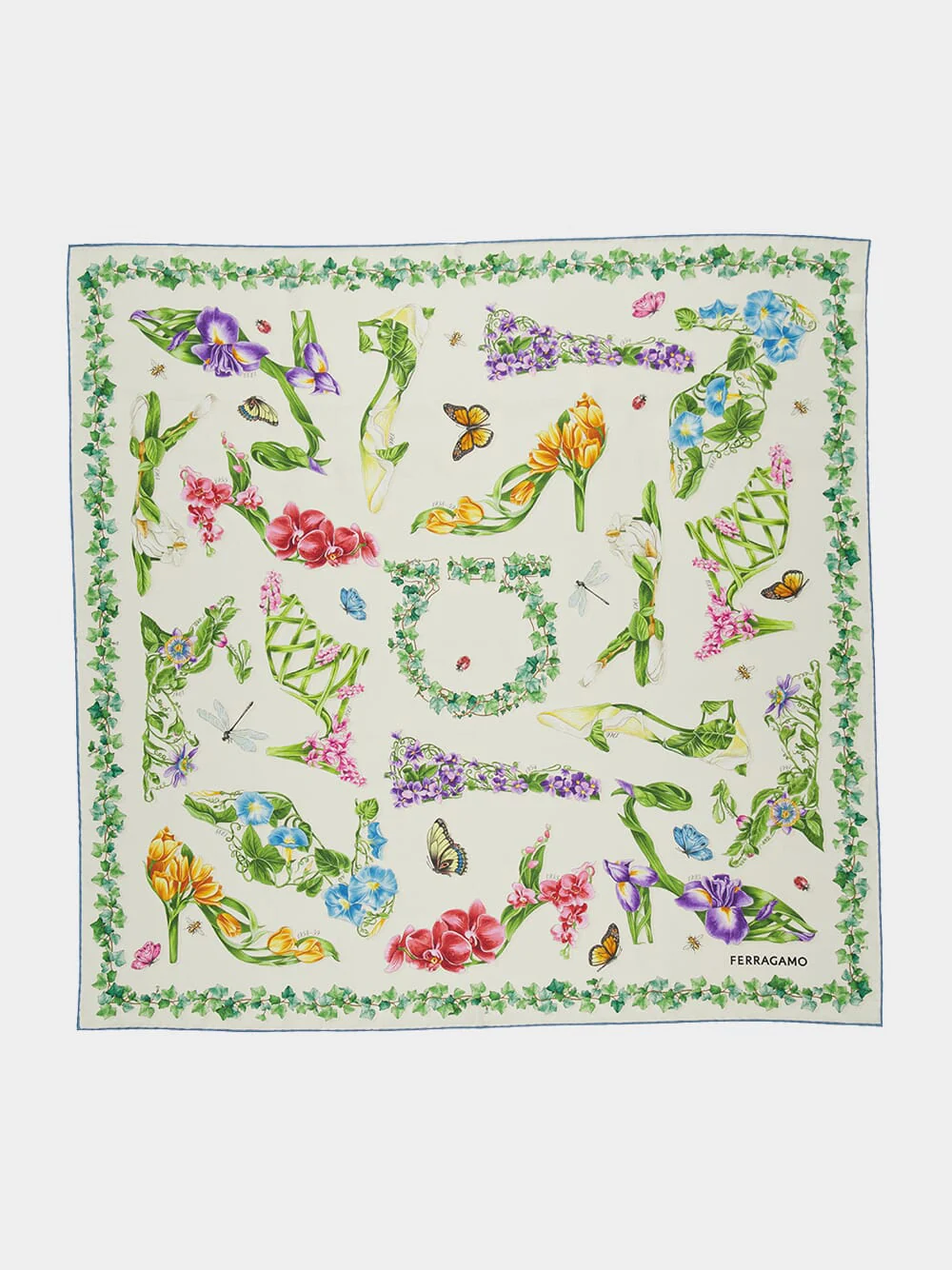 Ivory and Sky Blue Eden Shoes Print Silk Scarf