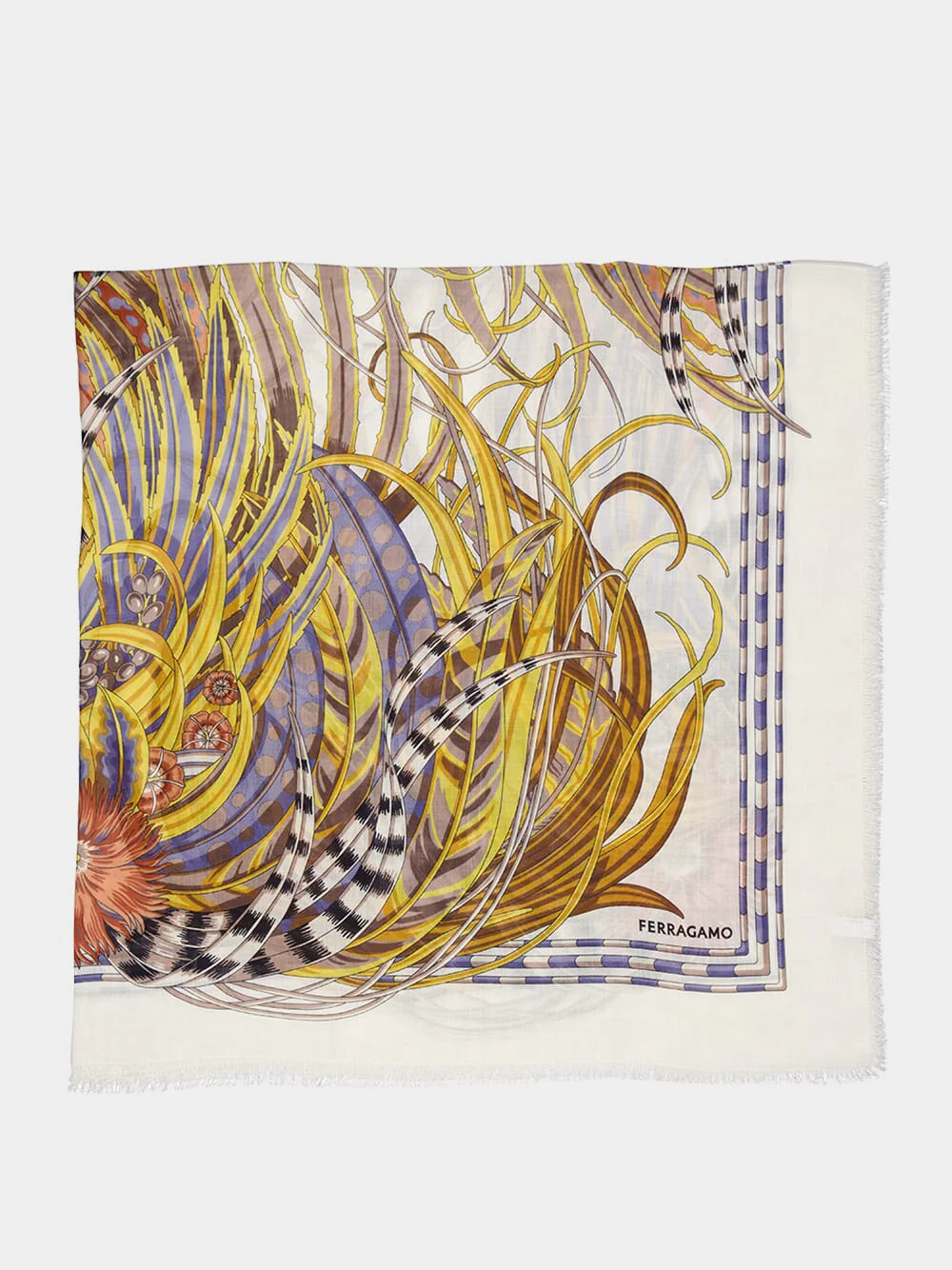 Ivory Rooster Print Cashmere-Silk Shawl