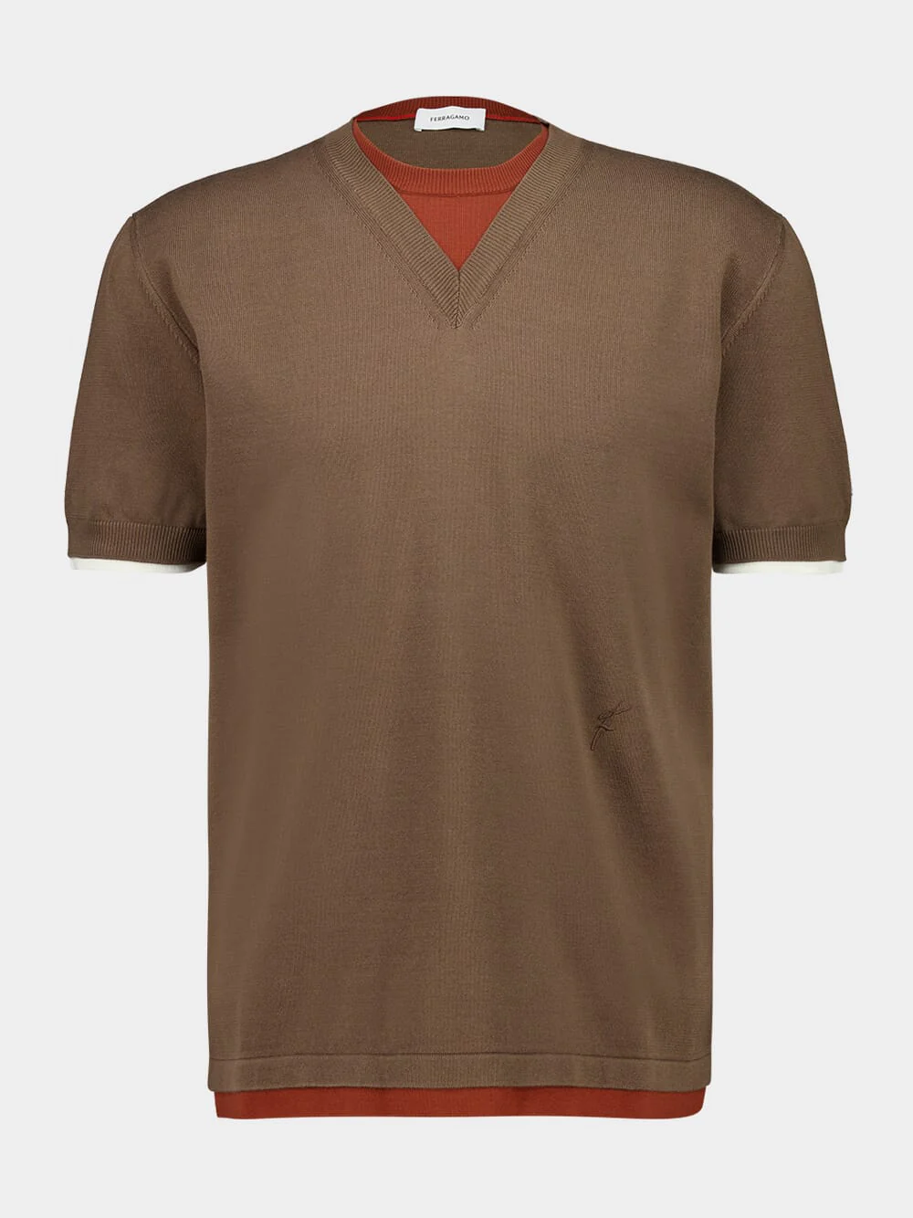 Layered Knitted T-Shirt in Clay, Brick and White - Image 2