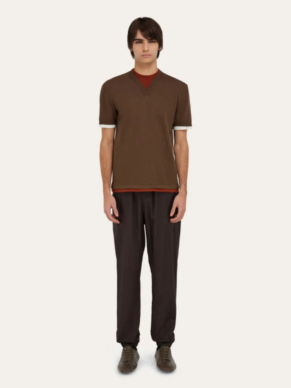 Layered Knitted T-Shirt in Clay, Brick and White - Image 7