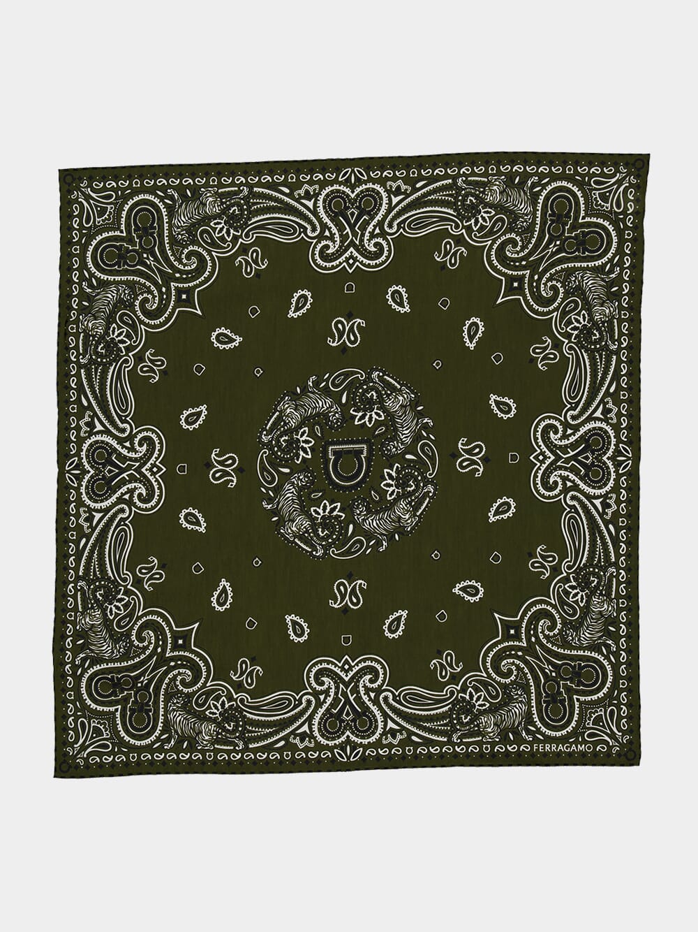 Military Green Arabesque Print Cotton Silk Bandana