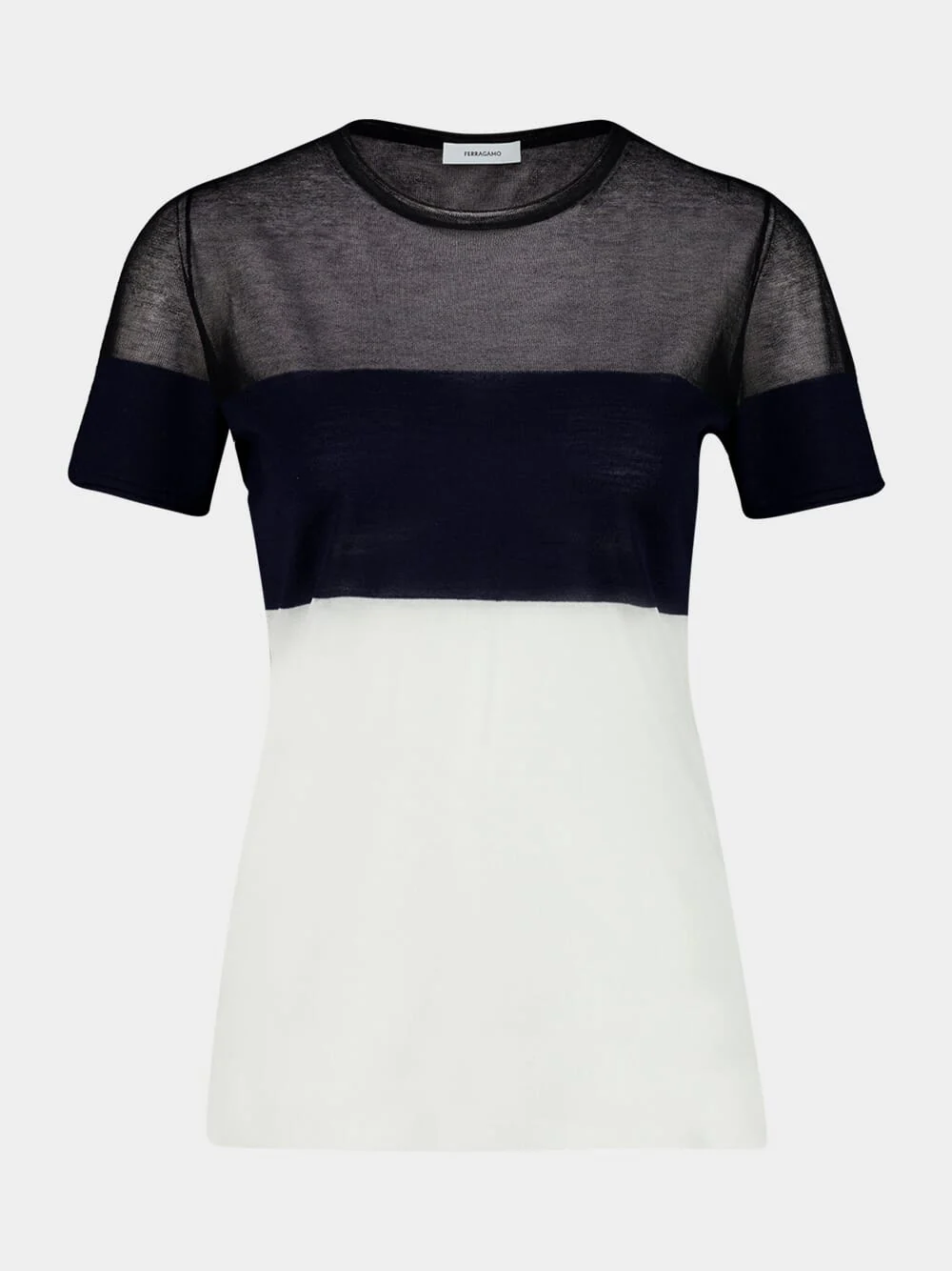 Navy and White Wool-Blend Round Neck T-Shirt