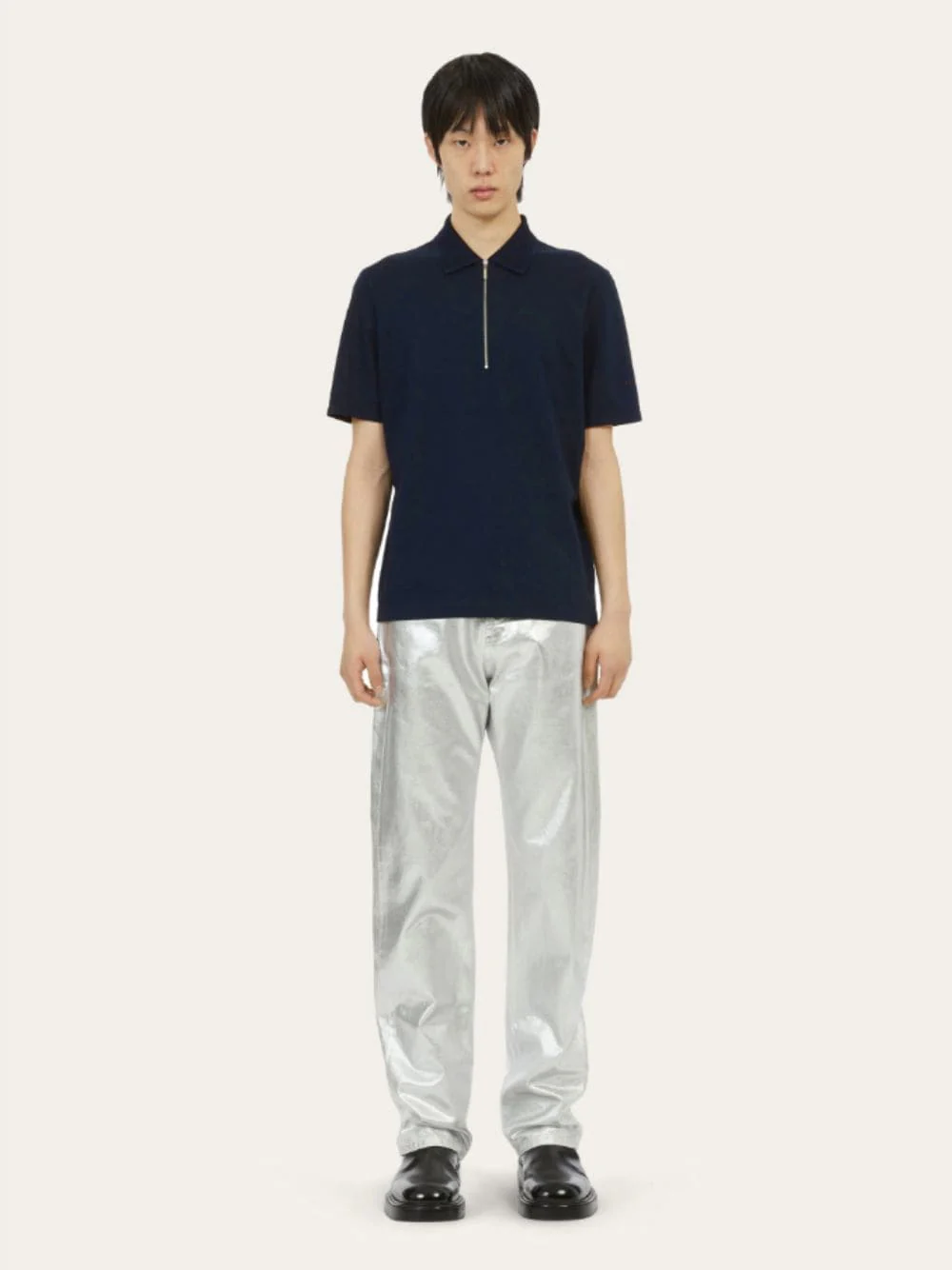 Navy Blue Cotton Polo with Zip Collar
