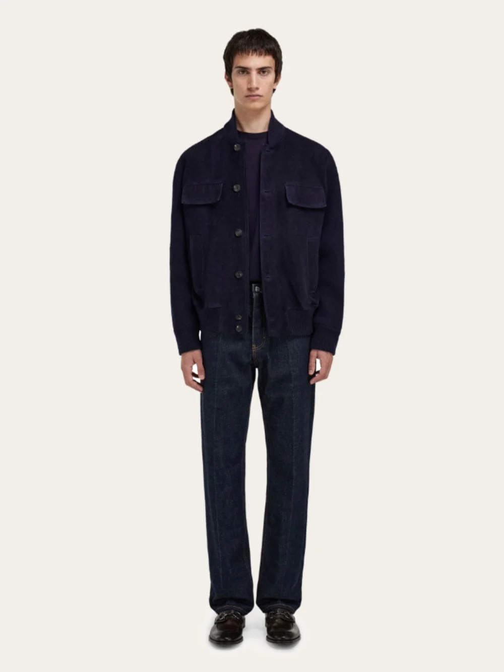 Navy Blue Suede Bomber Jacket