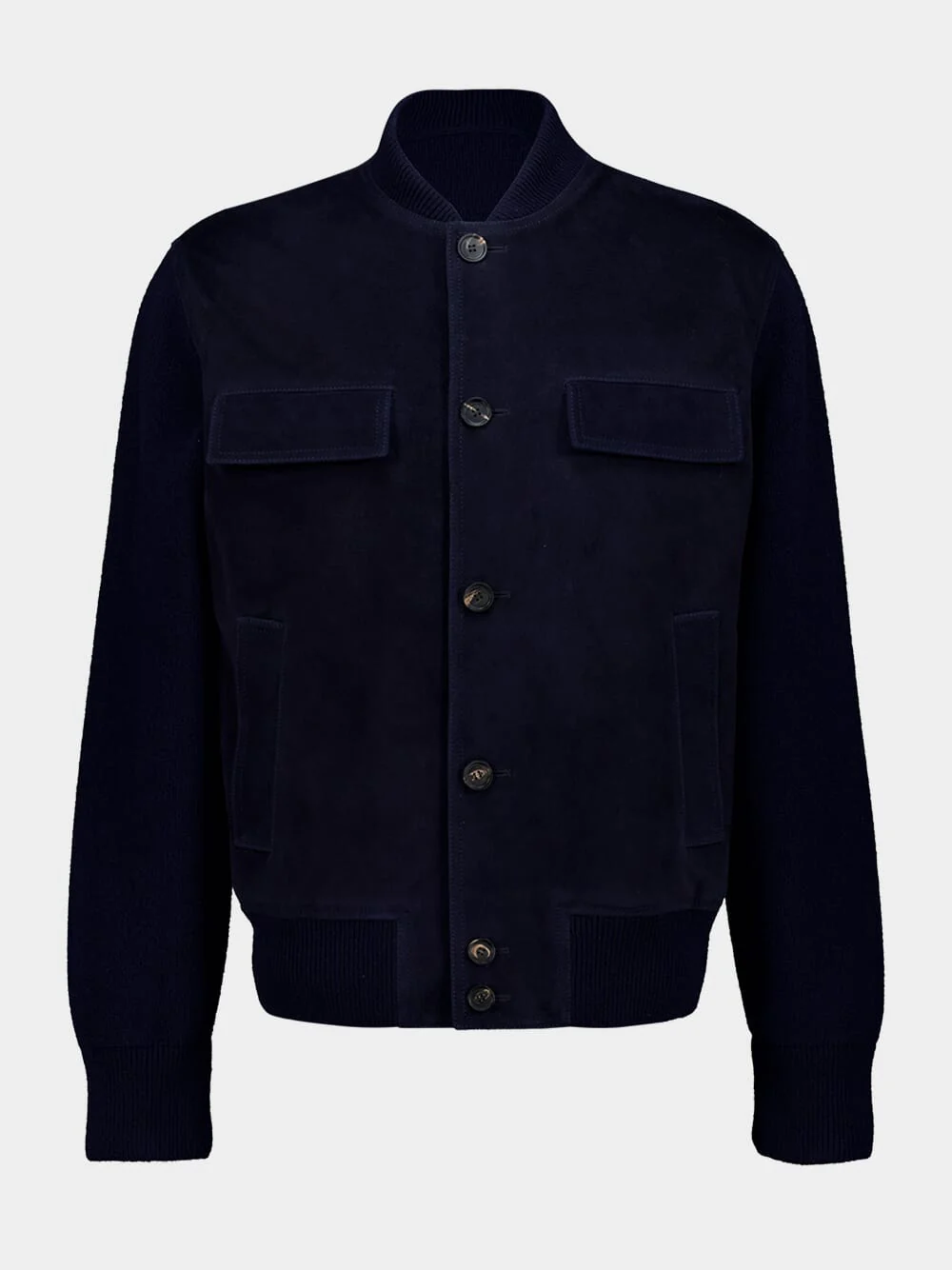 Navy Blue Suede Bomber Jacket - Image 2