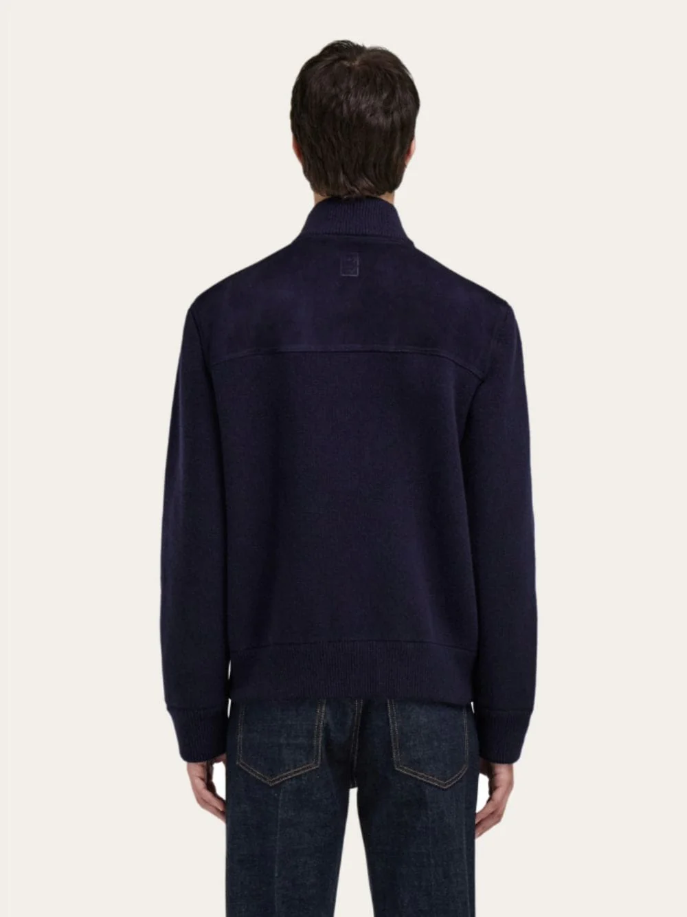 Navy Blue Suede Bomber Jacket - Image 3