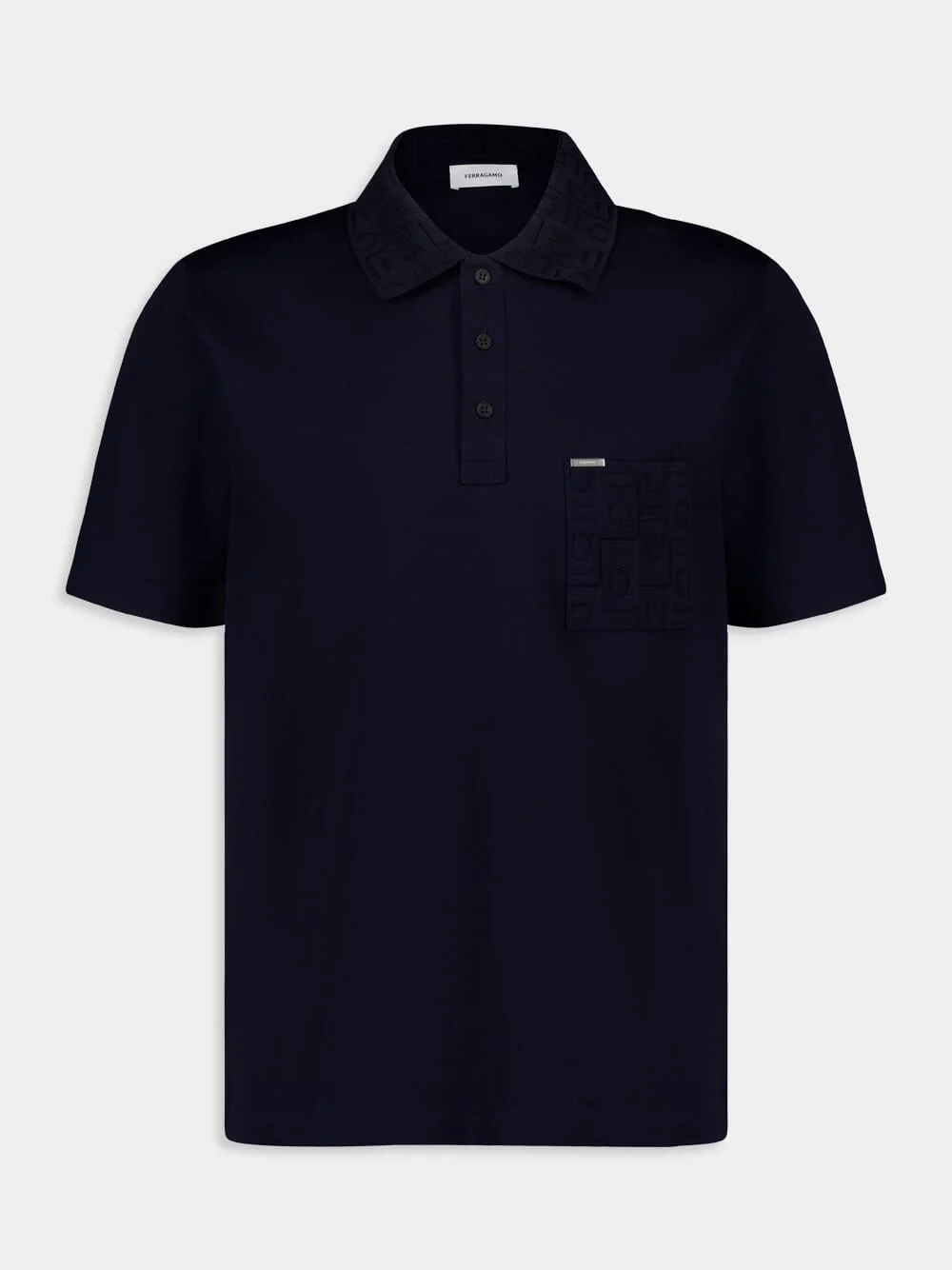Navy Cotton Polo with Jacquard Pocket - Image 2