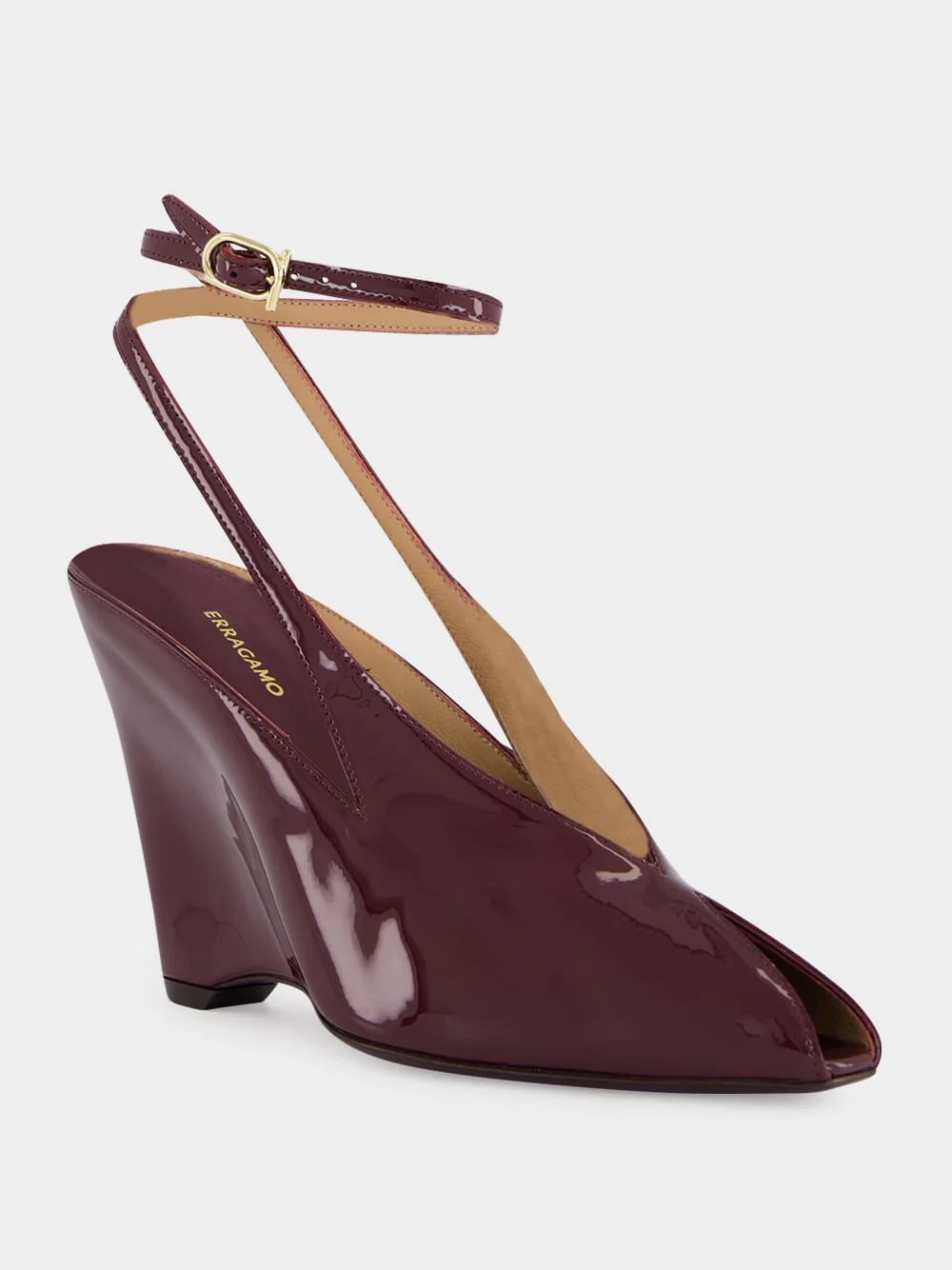 Plum Patent Peep Toe Wedge Sandals - Image 2