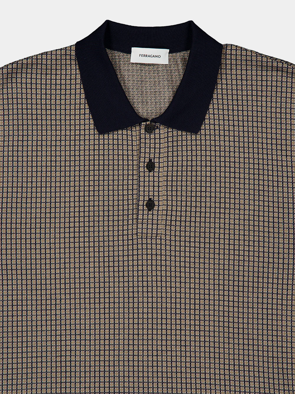 Navy Micro Check Silk Polo - Image 3