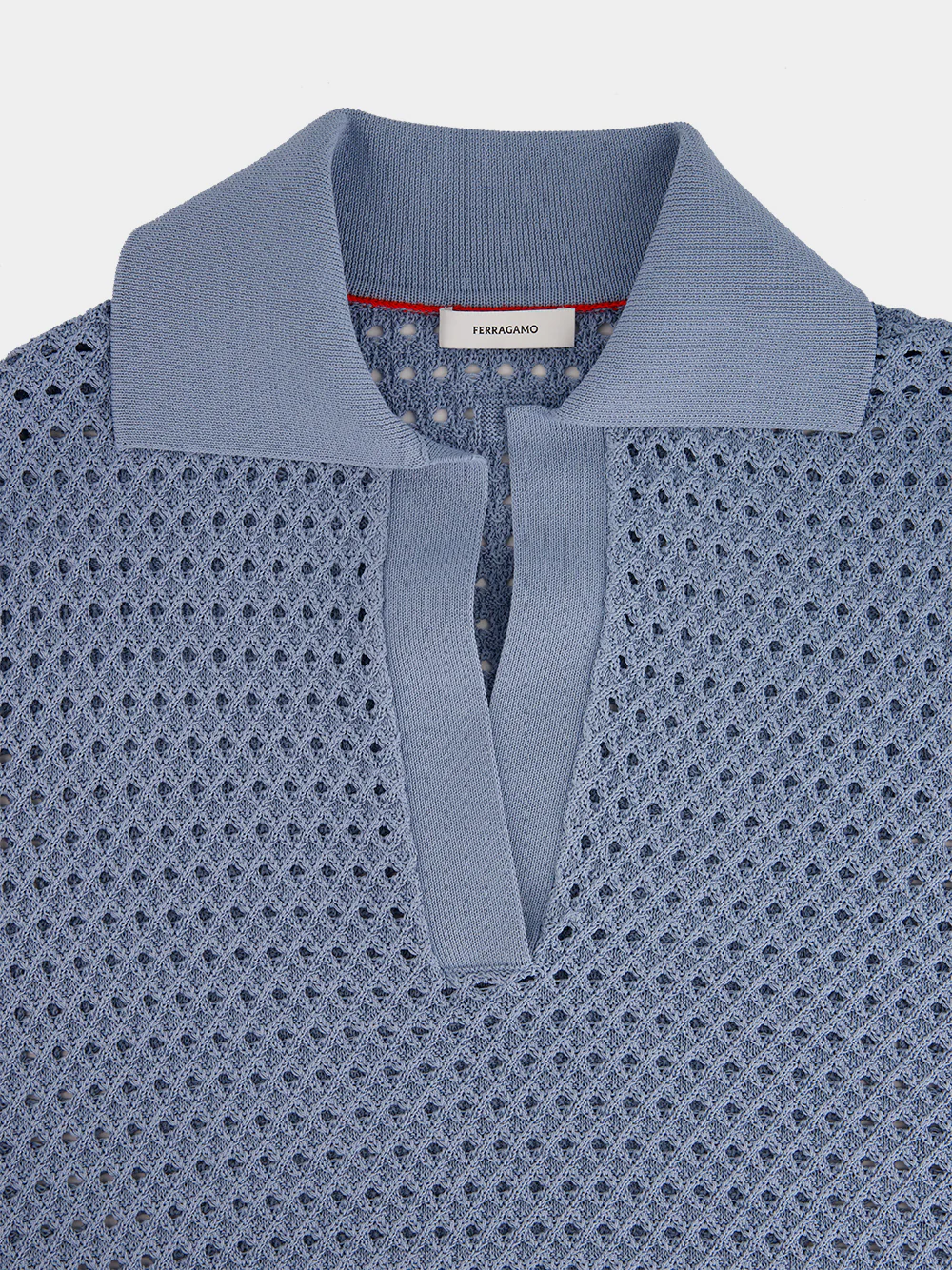 Light Denim Open Knit Polo Shirt - Image 3