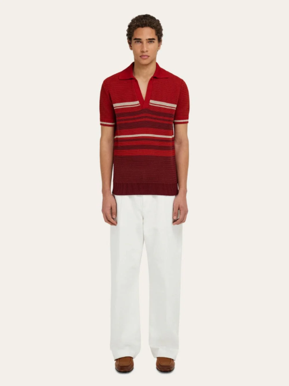 Rust and Red Striped Cotton Knit Polo - Image 2