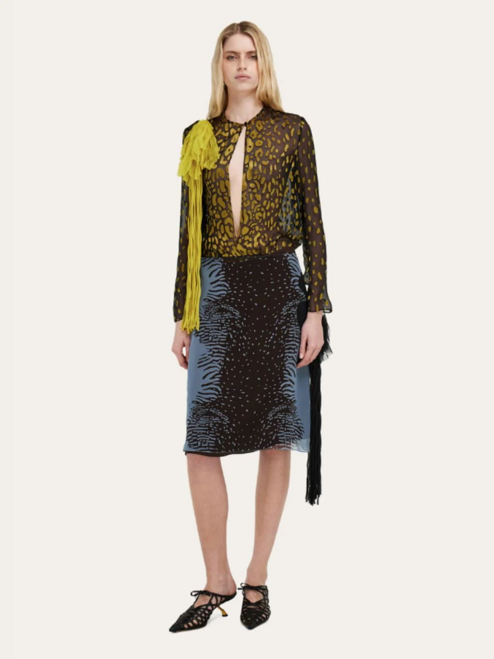 Washed Denim and Espresso Silk Animal Print Skirt - Image 2