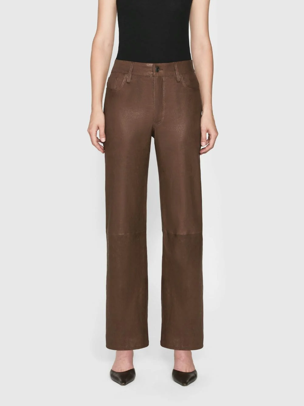 Le Slim Palazzo Leather Trousers in Bark - Image 2