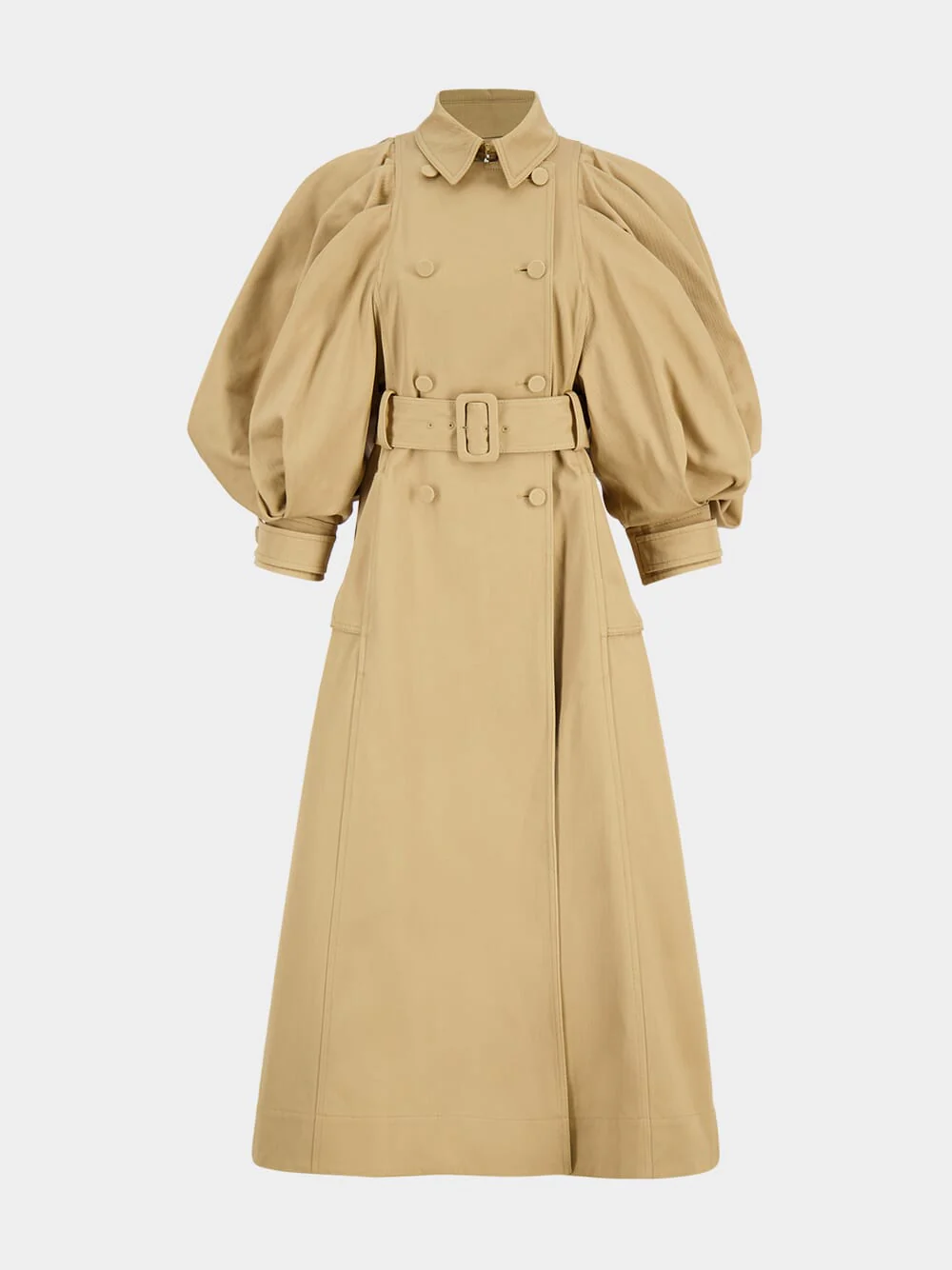 Camel Aeon Puff Sleeve Double-Breasted Trench Coat