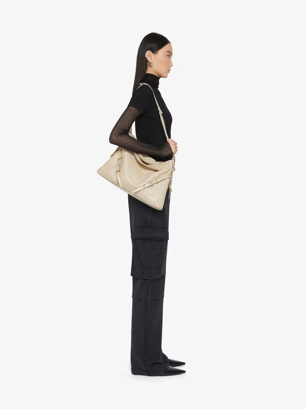 Beige Medium Voyou Leather Shoulder Bag - Image 2