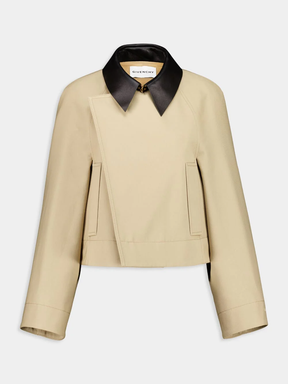 Beige Cropped Peacoat with Leather Collar