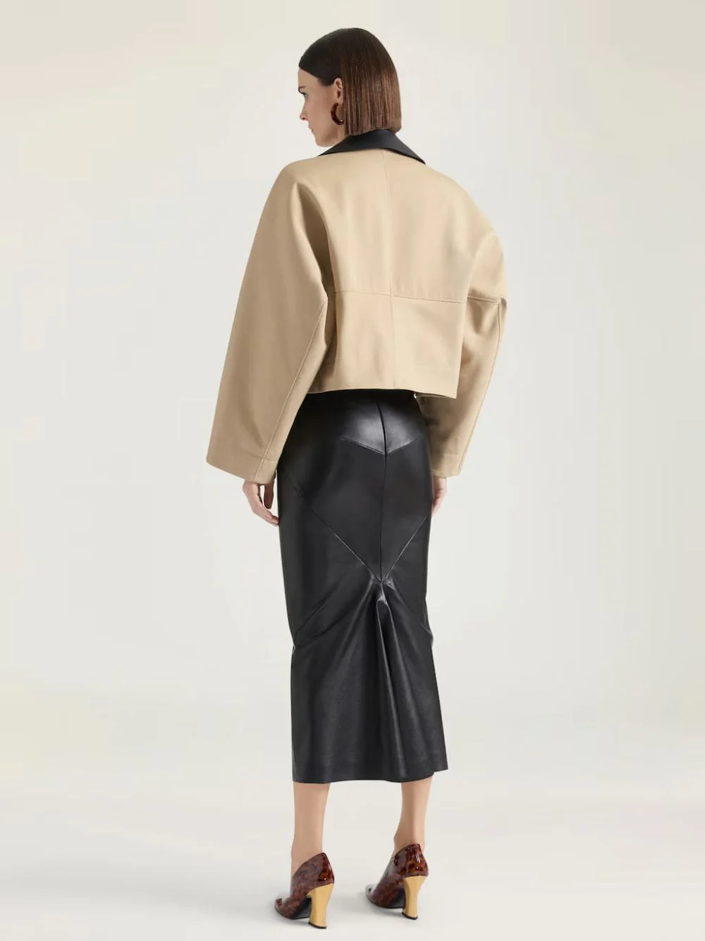 Beige Cropped Peacoat with Leather Collar - Image 4