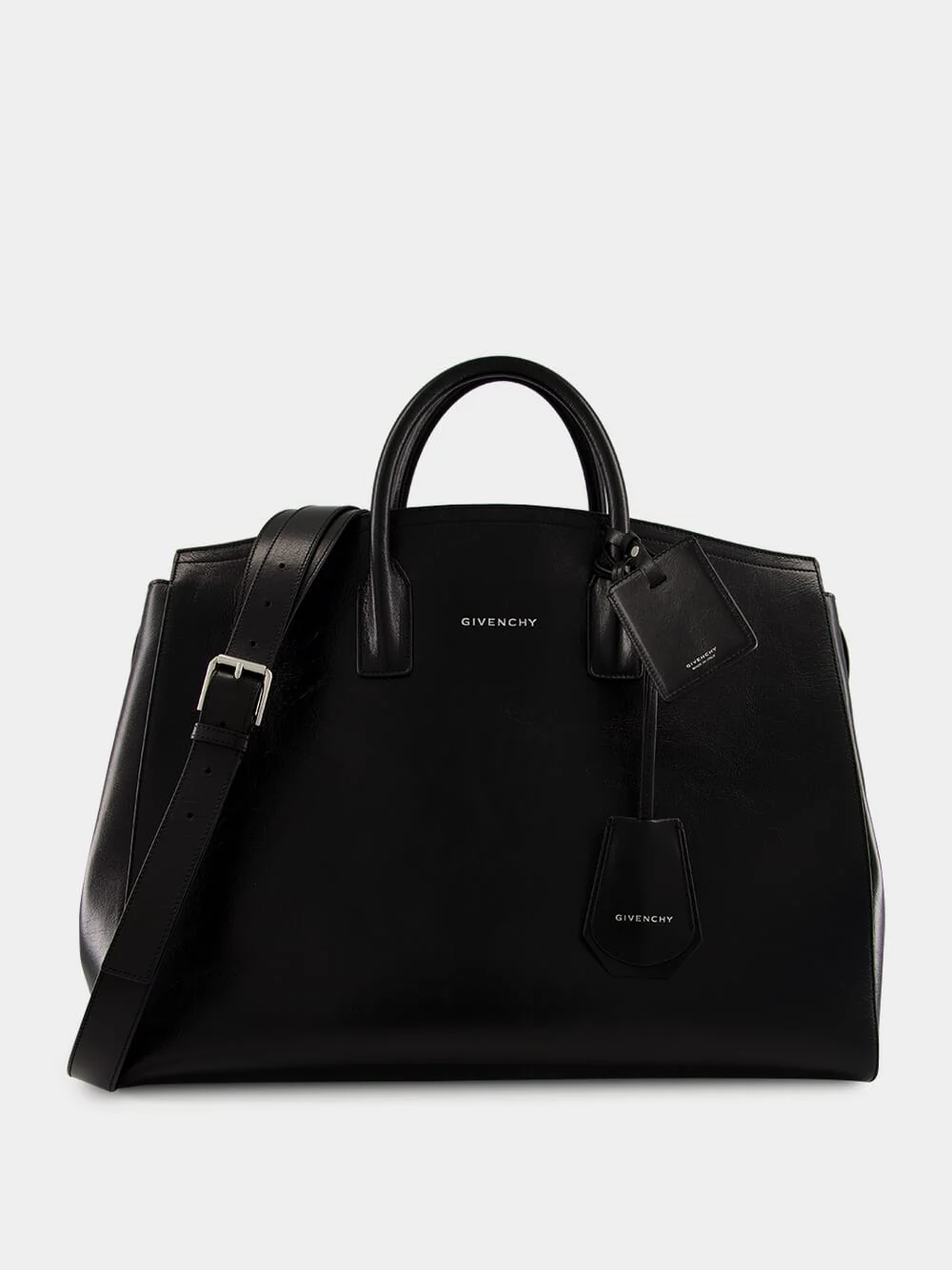 Black Leather Travel Bag with Silvery Hardware