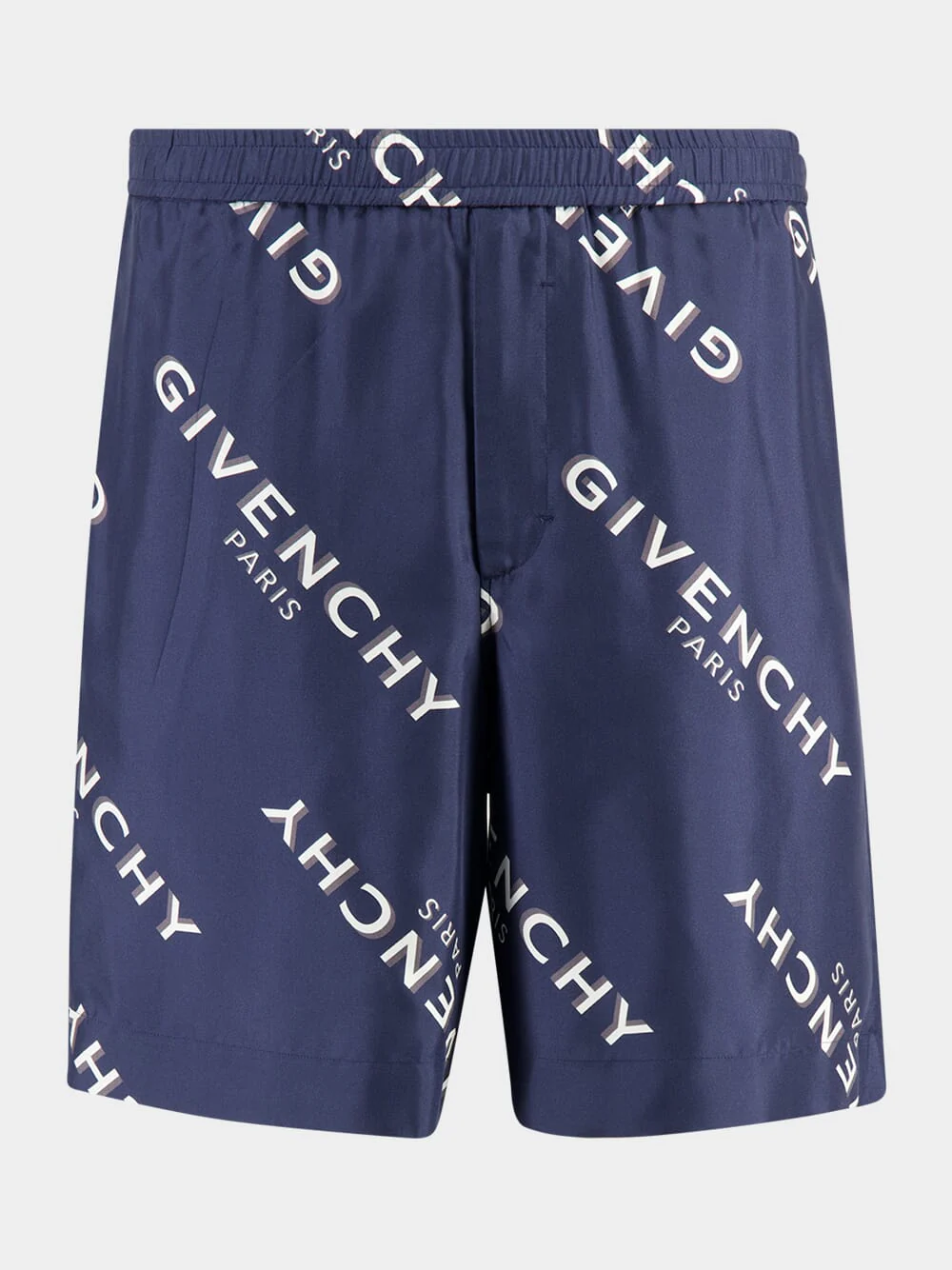 Navy Silk Bermuda Shorts with Logo Shadow Print
