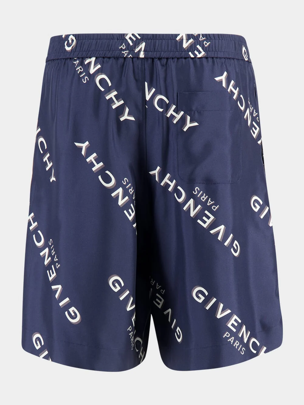 Navy Silk Bermuda Shorts with Logo Shadow Print - Image 2