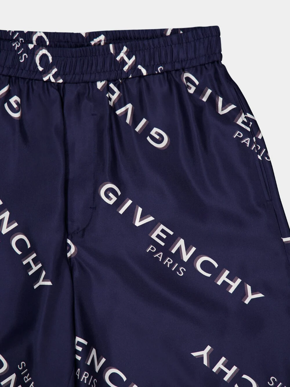 Navy Silk Bermuda Shorts with Logo Shadow Print - Image 3