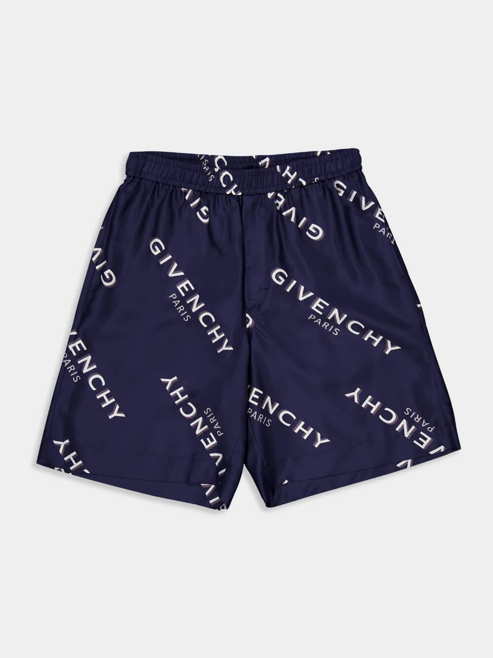 Navy Silk Bermuda Shorts with Logo Shadow Print - Image 4