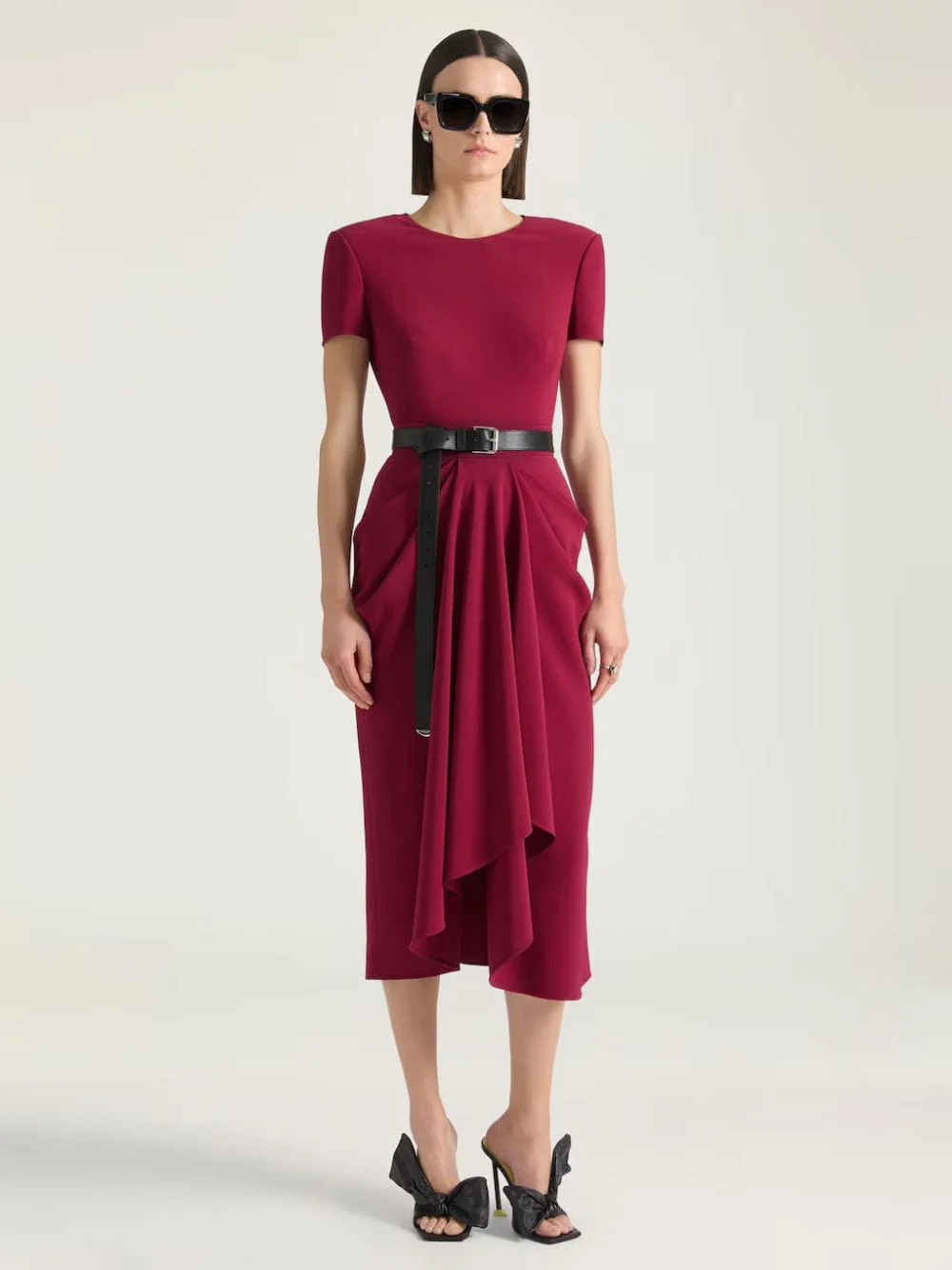 Red Cherry Midi Wrapped Dress in Crepe Cady - Image 2