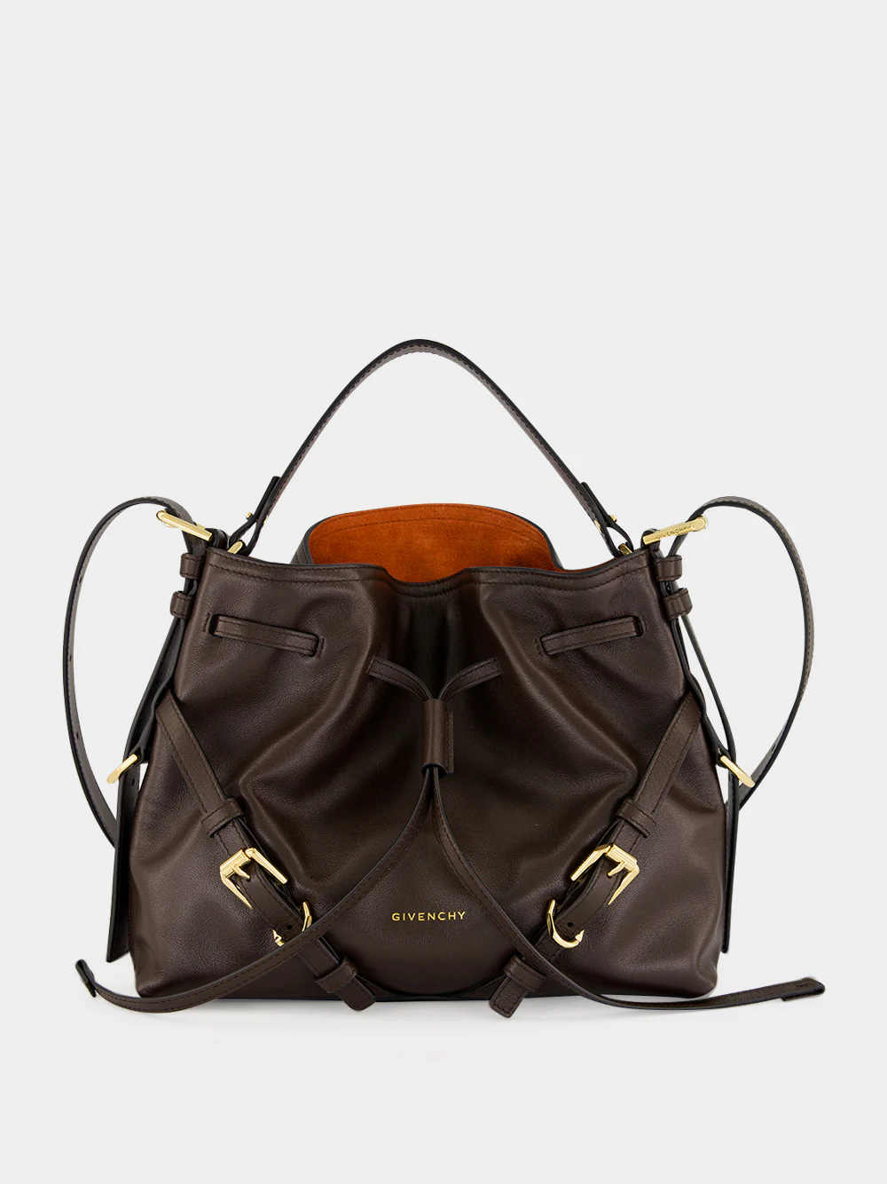 Chocolate Small Voyou Bucket Bag in Shiny Leather