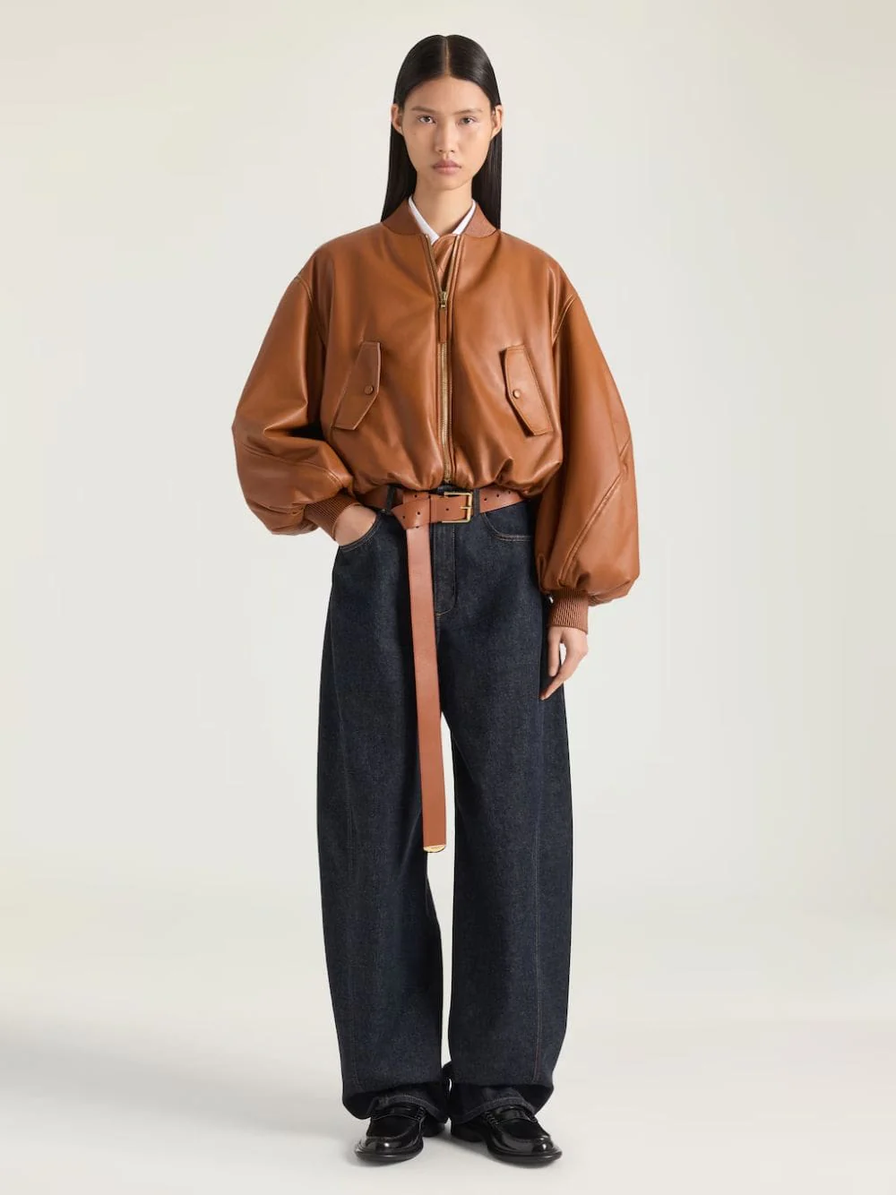 Tan Cropped Cocoon Bomber in Nappa Leather - Image 2