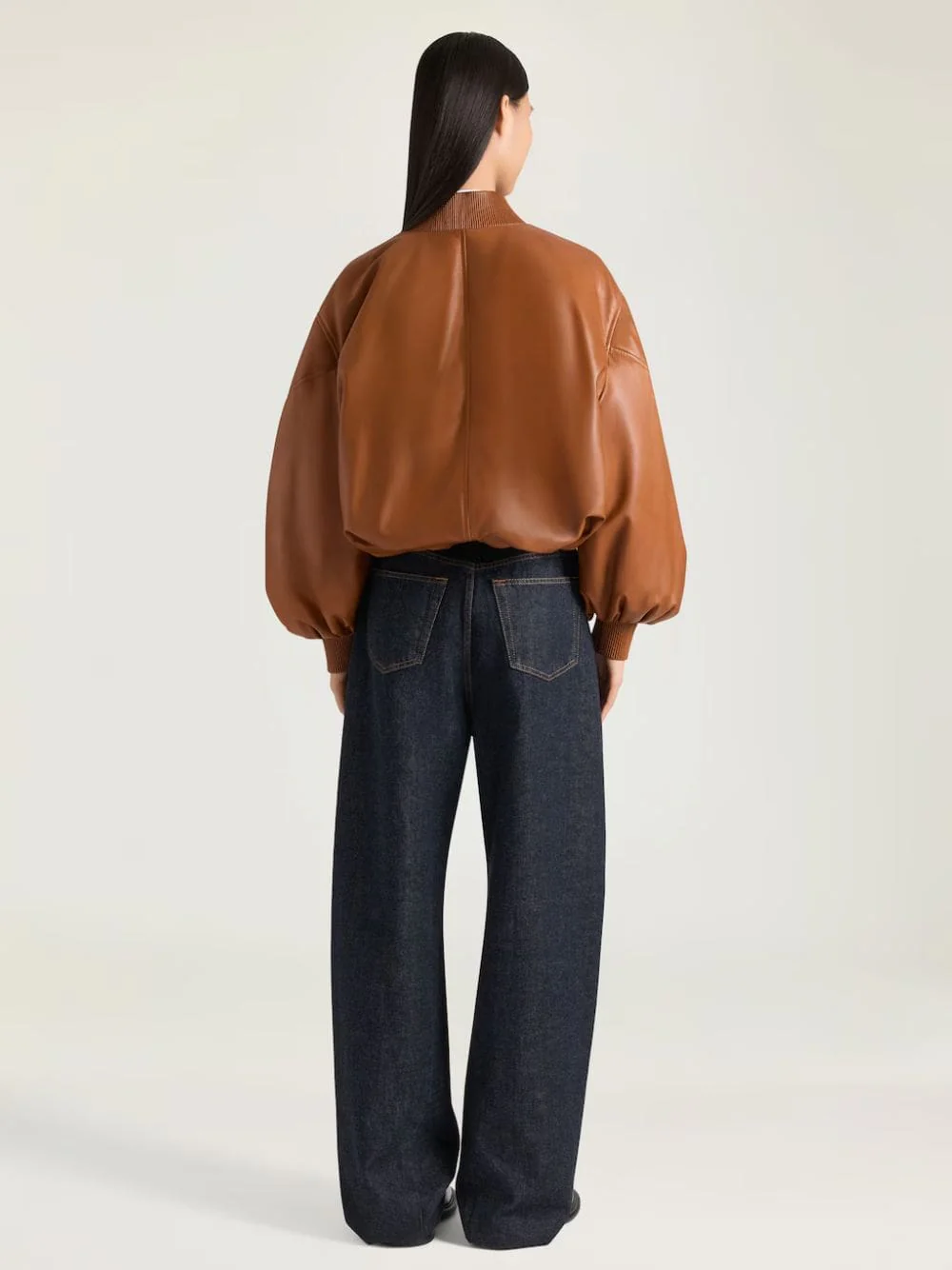 Tan Cropped Cocoon Bomber in Nappa Leather - Image 4