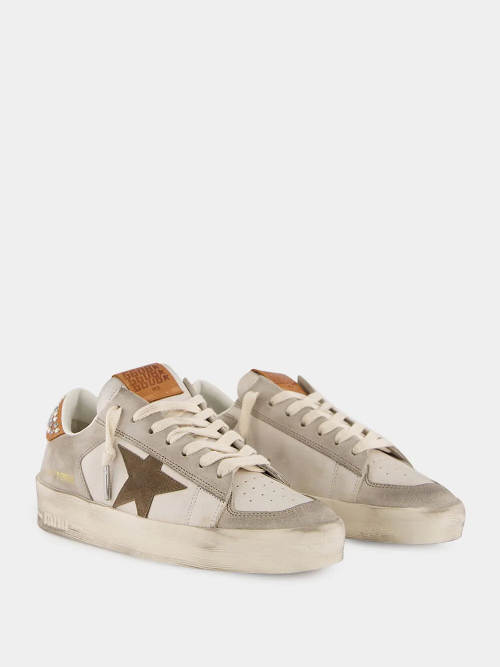 White and Beige Leather Stardan Sneakers with Star and Studded Heel - Image 3