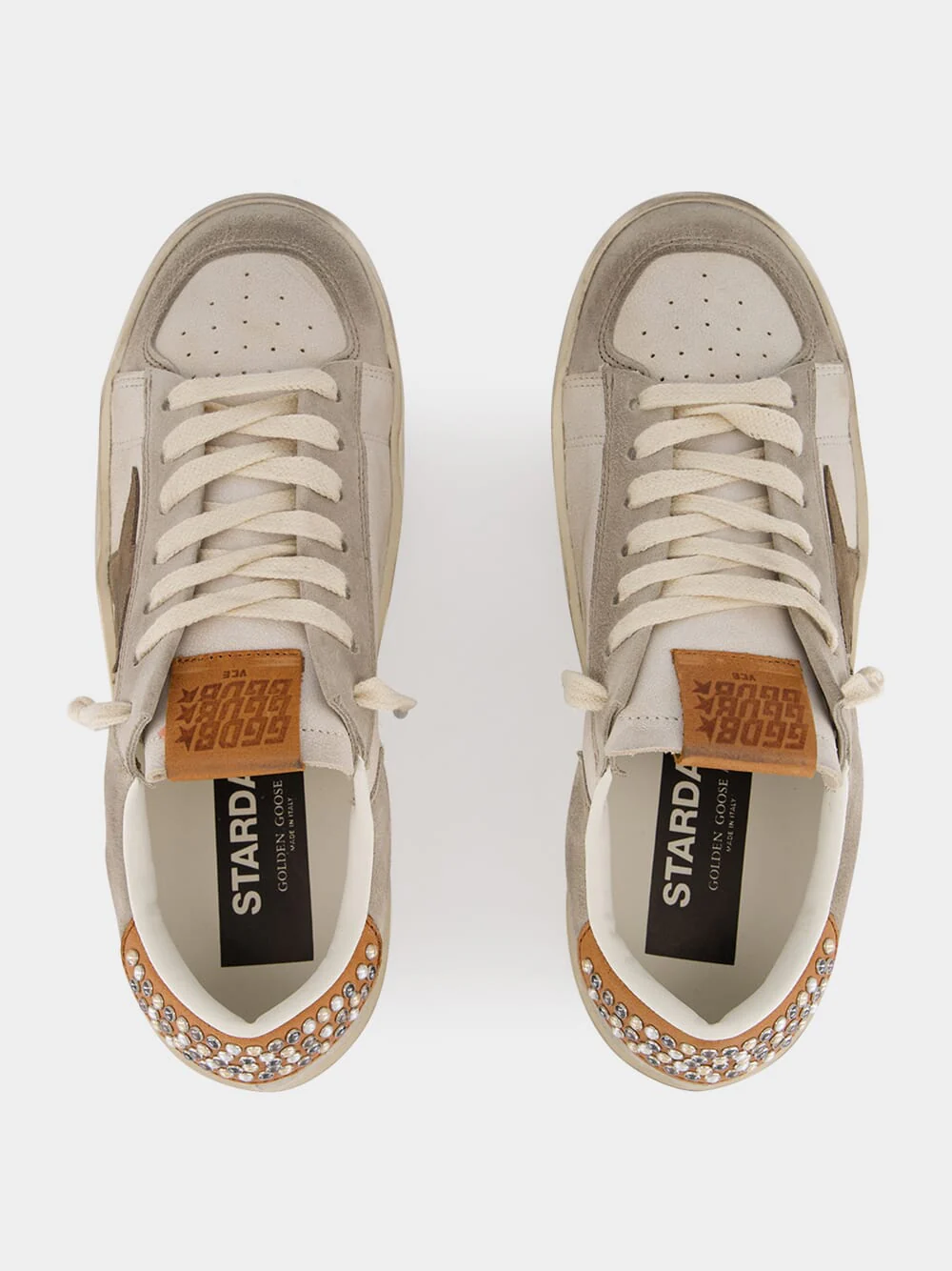 White and Beige Leather Stardan Sneakers with Star and Studded Heel - Image 4